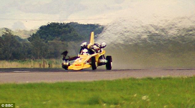 Danger: Hammond was driving a jet-powered Vampire dragster in 2006, pictured, when the front-right tyre burst leading the vehicle to spin out of control 