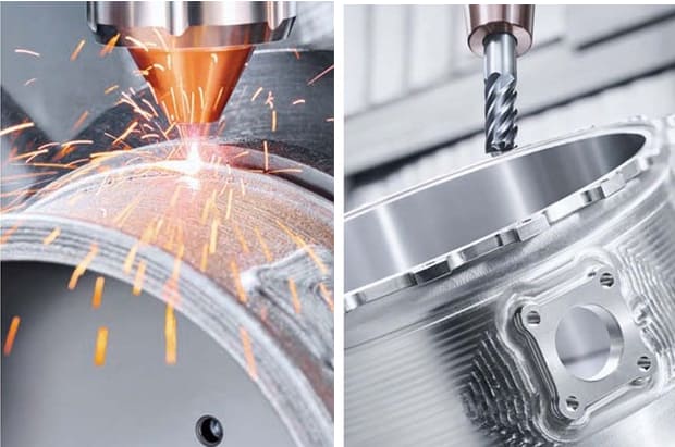 Hybrid manufacturing, sometimes call hybrid machining, combines additive and subtractive processes in a single machine.