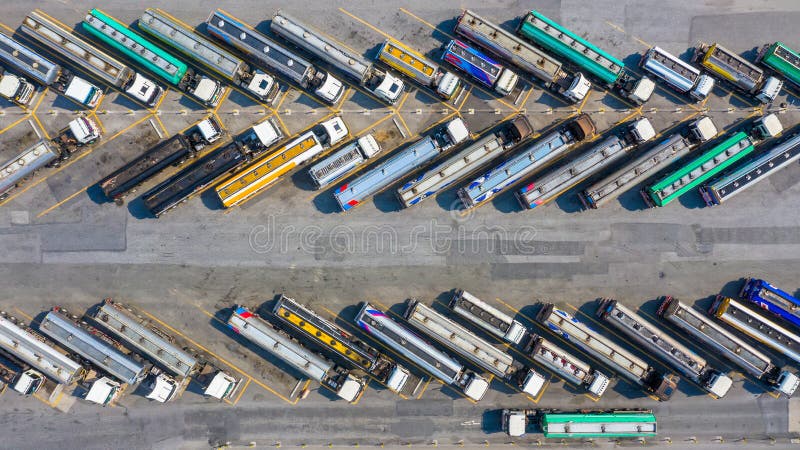 Aerial top view automotive fuel tankers shipping fuel royalty free stock photography