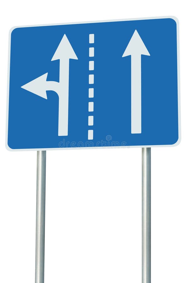 Appropriate traffic lanes at crossroads junction, left turn exit ahead, isolated blue road sign, white arrows, roadside signage stock photography