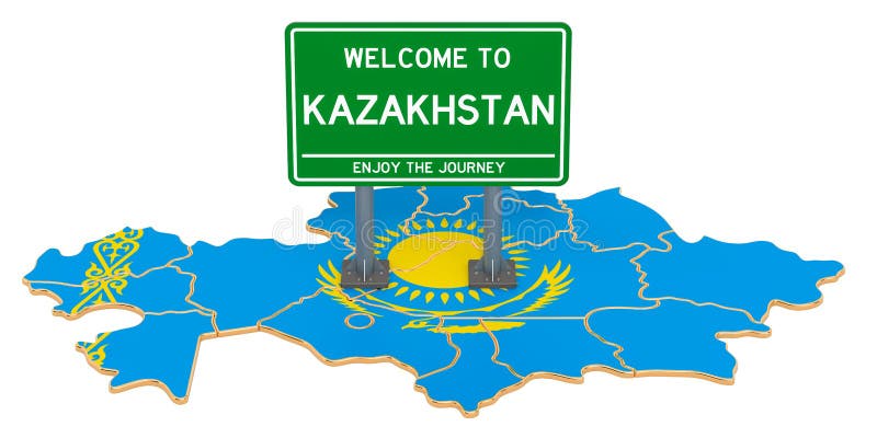 Billboard Welcome to Kazakhstan on Kazakh map, 3D rendering vector illustration