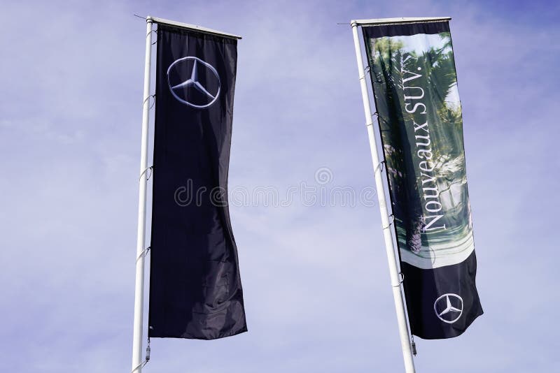 Bordeaux , Aquitaine / France - 10 27 2019 : mercedes Sign flag shop new model suv advertissement dealership store logo stock photo