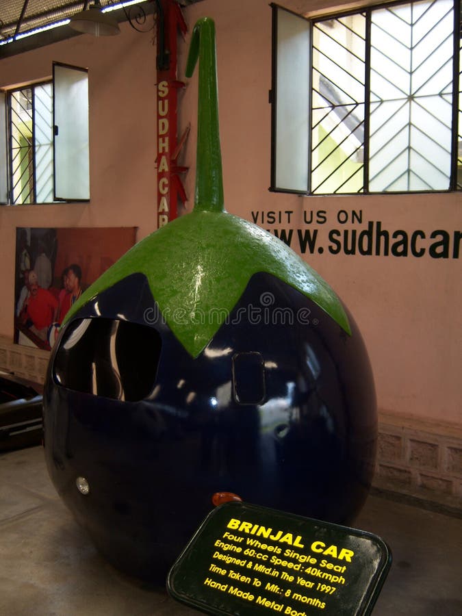 Brinjal car at Sudha Cars Museum, Hyderabad. Sudha Cars Museum is the first and only handmade Wacky Car museum in the World. It is the brainchild of Mr. K stock photos