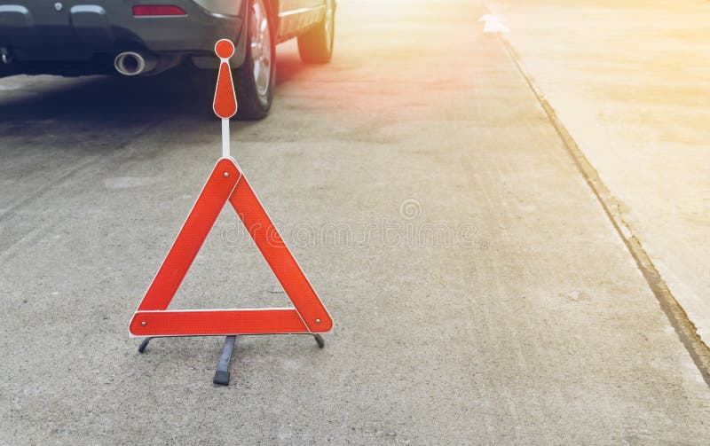 Broken car sign on a road. With a broken down car stock images
