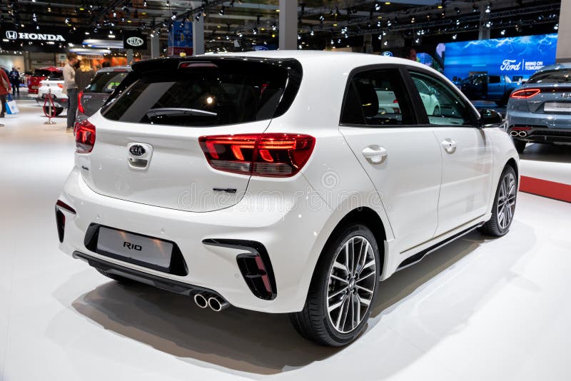 BRUSSELS - JAN 9, 2020: New Kia Rio car model showcased at the Brussels Autosalon 2020 Motor Show. White modern automobile automotive type newest autoshow stock image