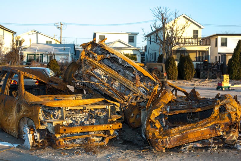 Burnt car pileup from Hurricane Sandy stock photos
