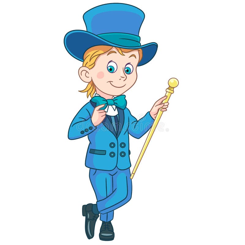 Cartoon gentleman in tuxedo and top hat. Kids in Professions. Cartoon Gentleman in tuxedo, bow tie, top hat and with walking stick. Design for children`s vector illustration