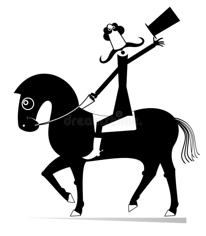 Mustache man in the top hat rides on the horse illustration. Cartoon long mustache man in the top hat rides on the horse black on white vector illustration