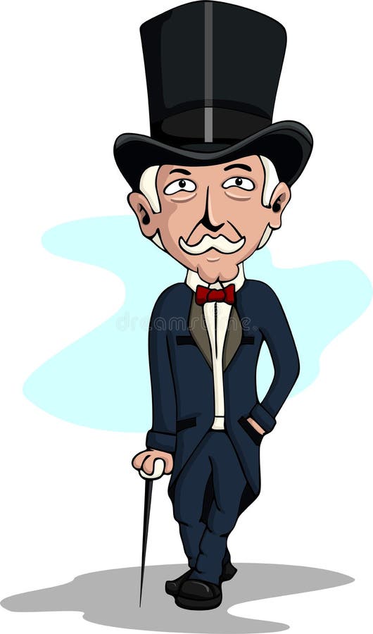 Cartoon rich man man wearing top hat. Vector stock illustration
