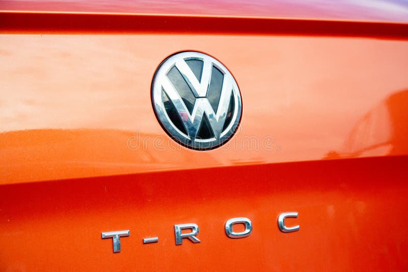 Close-up of the Logo T-Roc placed on the back of the Volkswagen SUV car. Cognac, France - February 16, 2020:Close-up of the Logo T-Roc placed on the back of stock photos