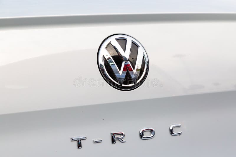 Close-up of the Logo T-Roc placed on the back of the Volkswagen SUV car. Cognac, France - February 16, 2020:Close-up of the Logo T-Roc placed on the back of royalty free stock photos