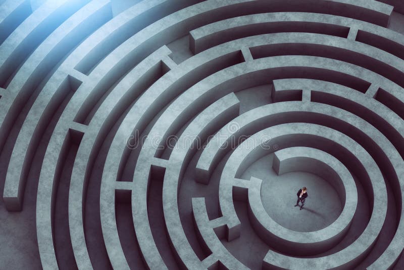 Confused businessman thinks how to find the right way to exit from a big maze. Confused businessman thinks how to find the way to exit from a big maze stock image