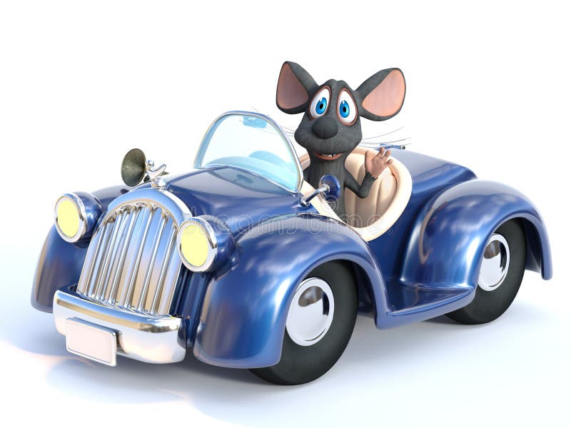 3D rendering of a cartoon mouse driving a car. 3D rendering of a cute smiling cartoon mouse waving his hand while sitting in a cabriolet car that he is driving stock illustration