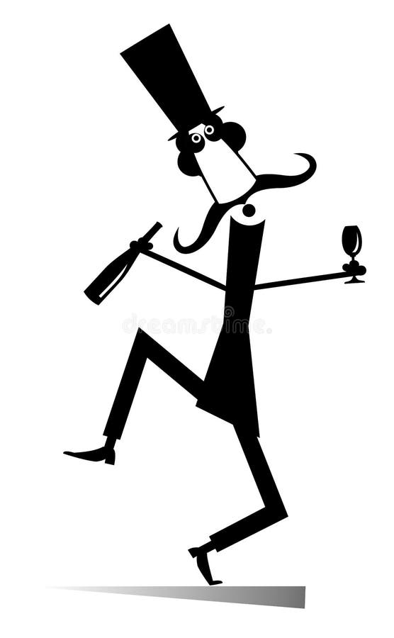 Dancing long mustache man in the top hat with bottle. Of wine and footed tumbler isolated black on white illustration stock illustration