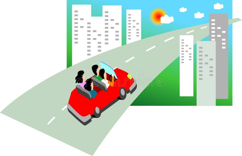 Driving. Illustration for a group of people in a car, driving on the road in a sunny day. drive together with neighbor or colleague stock illustration