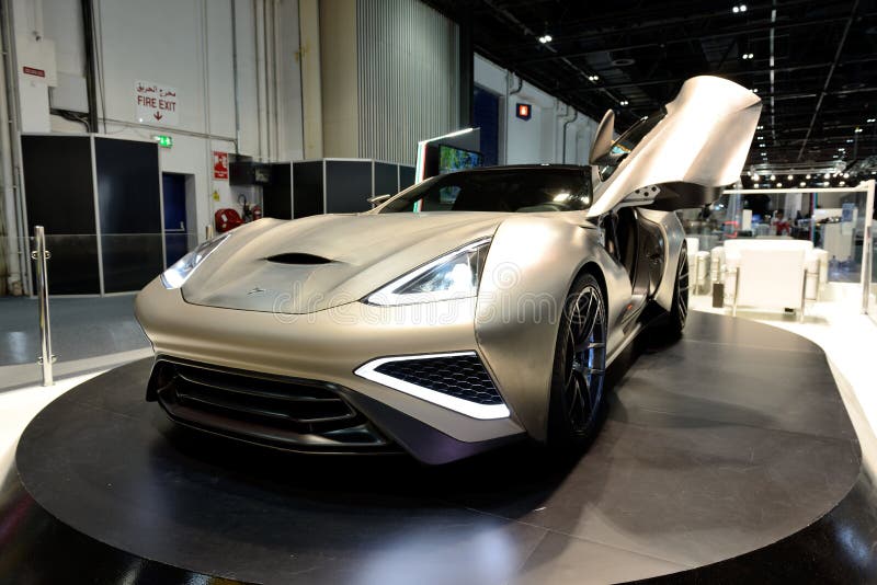 The Icona Vulcano Titanium is the world first titanium supercar on Dubai Motor Show 2017. DUBAI, UAE - NOVEMBER 18: The Icona Vulcano Titanium is the world first stock images