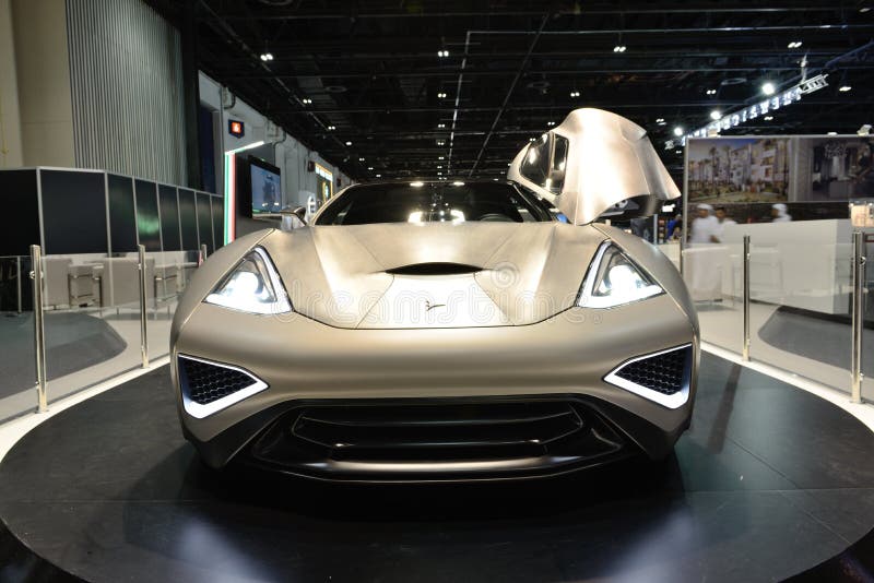 The Icona Vulcano Titanium is the world first titanium supercar on Dubai Motor Show 2017. DUBAI, UAE - NOVEMBER 18: The Icona Vulcano Titanium is the world first royalty free stock photo