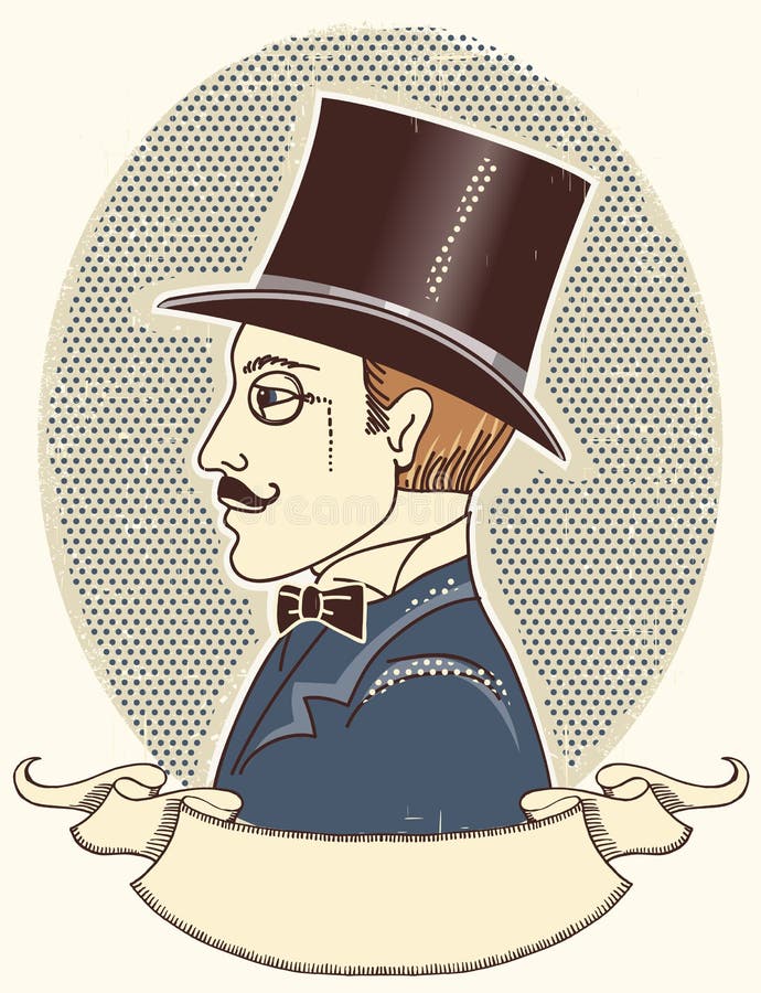 Elegant gentleman in a top black hat.Vector vintag. Gentleman in a top black hat.Vector vintage portrait with scroll for text royalty free illustration
