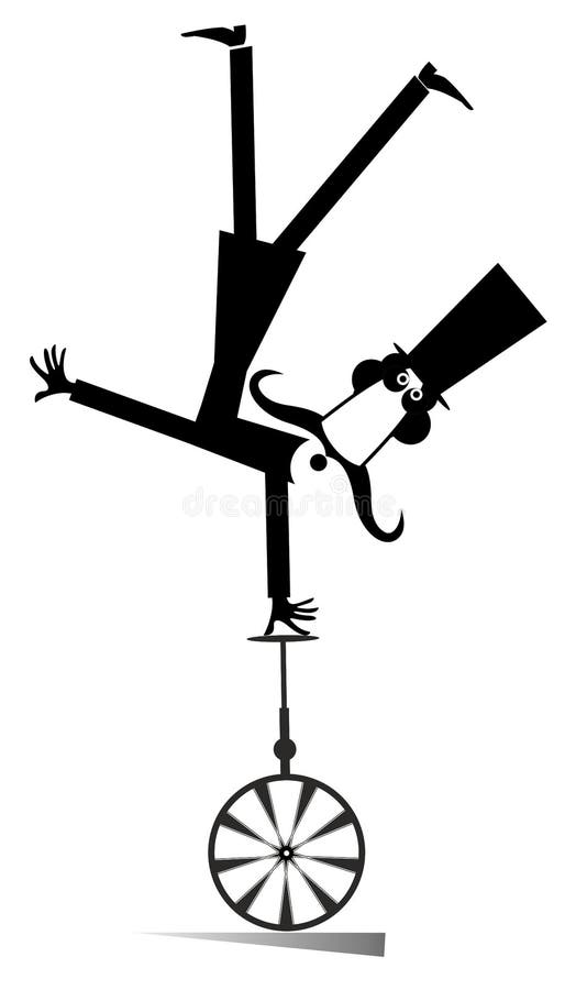 Mustache man in the top hat rides on unicycle illustration. Equilibrist mustache man in the top hat stands on one hand on unicycle head over heels black on white vector illustration