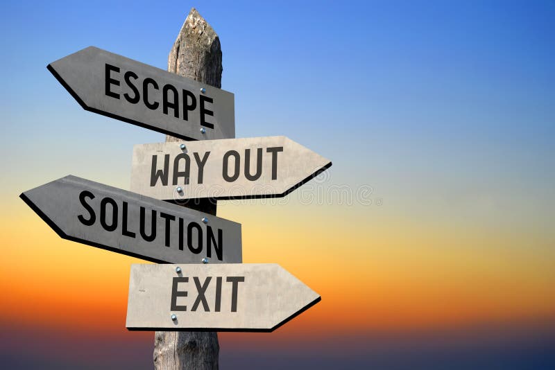 Escape, way out, solution, exit - wooden signpost, sunset sky. Escape, way out, solution, exit - wooden signpost with four arrows, sunset sky in background stock photos