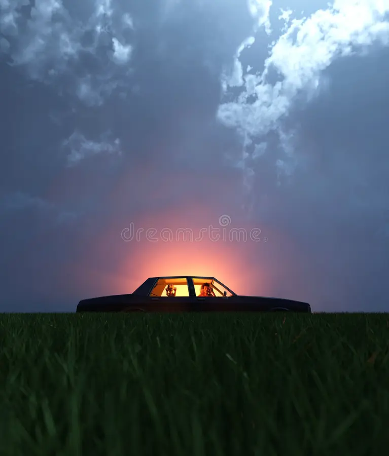 A family with a car broken down on a secluded field. At night with a light glowing from the sky,scene for scary or horror concept and ideas,3d rendering royalty free illustration