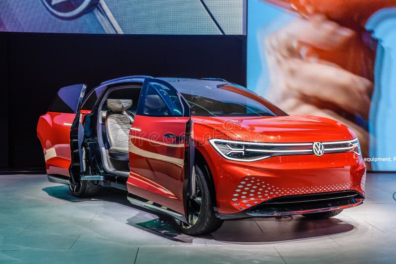 FRANKFURT, GERMANY - SEPT 2019: red VOLKSWAGEN VW I.D. ROOMZZ is an electric car based on the MEB platform. It is a large SUV. Going into production in 2021 royalty free stock photography