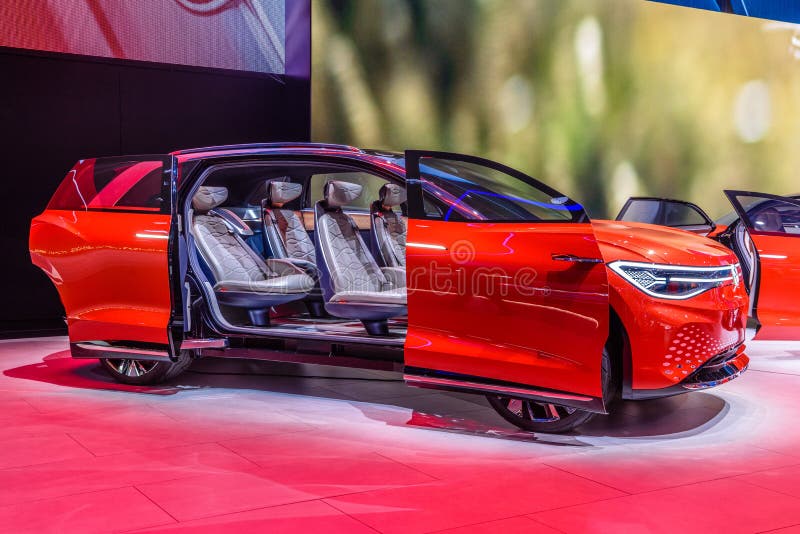 FRANKFURT, GERMANY - SEPT 2019: red VOLKSWAGEN VW I.D. ROOMZZ is an electric car based on the MEB platform. It is a large SUV. Going into production in 2021 stock photo