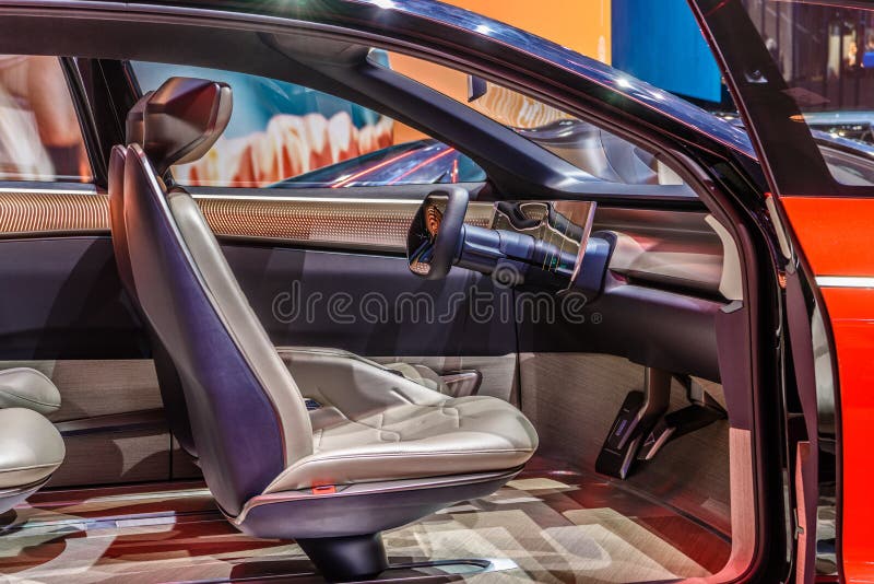 FRANKFURT, GERMANY - SEPT 2019: red VOLKSWAGEN VW I.D. ROOMZZ is an electric car based on the MEB platform. It is a large SUV. Going into production in 2021 stock photo