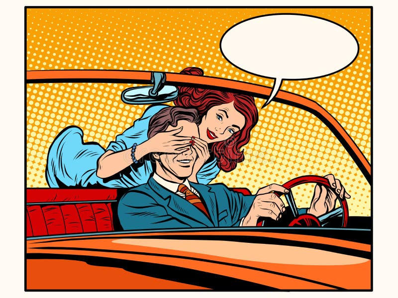 Girl playing with man driver. Pop art retro style. Dangerous driving. Joke. Woman and man royalty free illustration