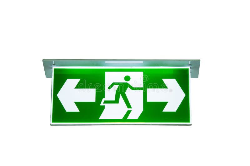 Green emergency exit sign the way to escape isolated clipping pa. Green emergency exit sign the way to escape isolated on white background clipping path royalty free stock images