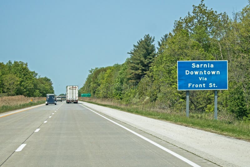 Highway 402 Road Sign For Downtown Sarnia stock photos