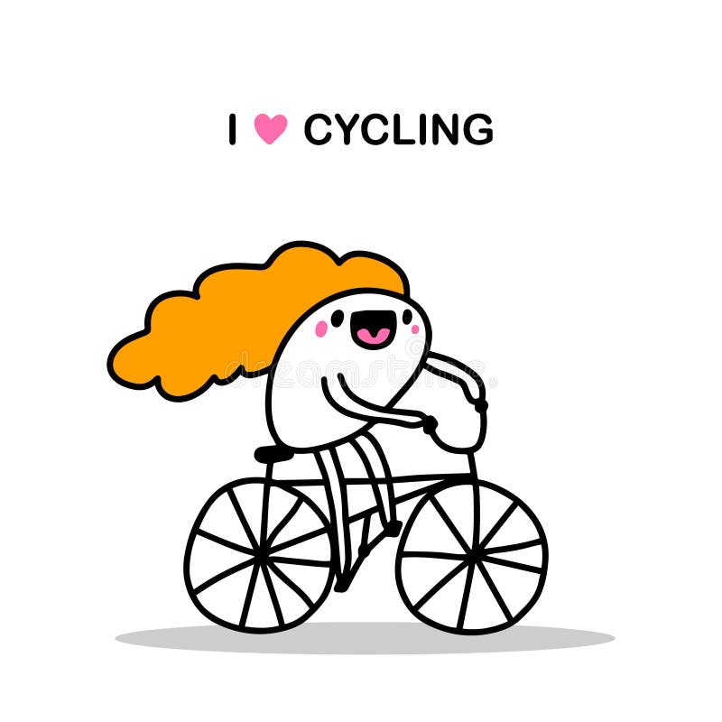 I love cycling hand drawn vector illustration in cartoon comic style woman driving bike. Happy royalty free illustration
