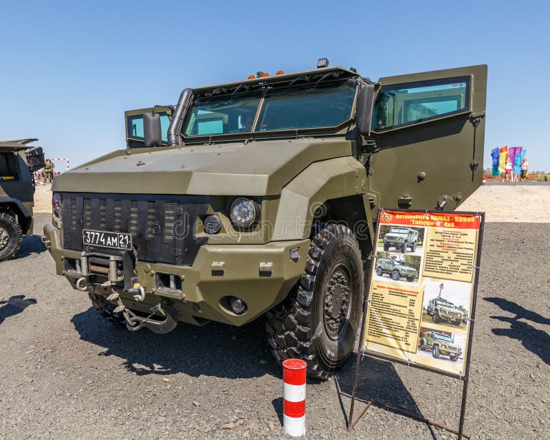 Mine-protected armoured vehicle Kamaz-53949 Typhoon-K 4x4. KADAMOVSKIY TRAINING GROUND, ROSTOV REGION, RUSSIA, AUGUST 26, 2018: International military technical stock photos