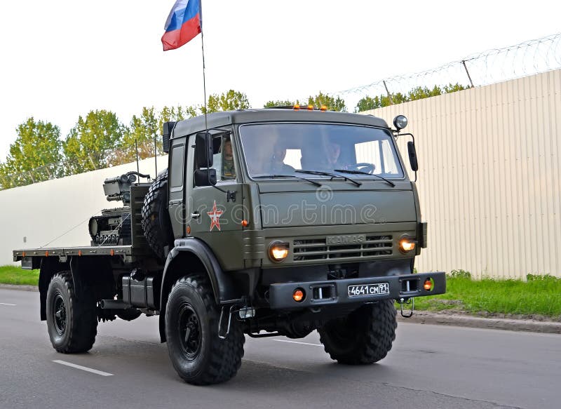 KALININGRAD, RUSSIA. The car KAMAZ transports a robotic complex on a parade rehearsal in honor of the Victory Day. KALININGRAD, RUSSIA - MAY 05, 2018: The car stock photography