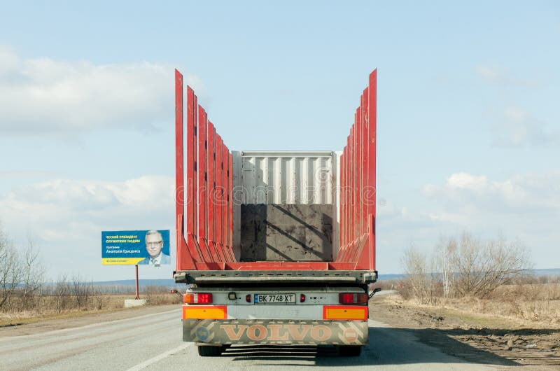 Kyiv, UKRAINE- March 06, 2019:Large truck for transporting wood on the road royalty free stock photography