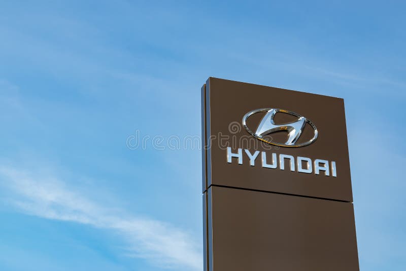 View of the Hyundai brand logo company. LOMME,FRANCE-February 17,2019: View of the Hyundai brand logo company.Hyundai Motor Company - is a South Korean royalty free stock photo