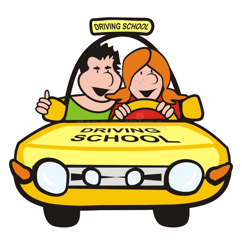 Man and girl in the car-driving school. Driving instructor teaches his pupil drive a car vector illustration