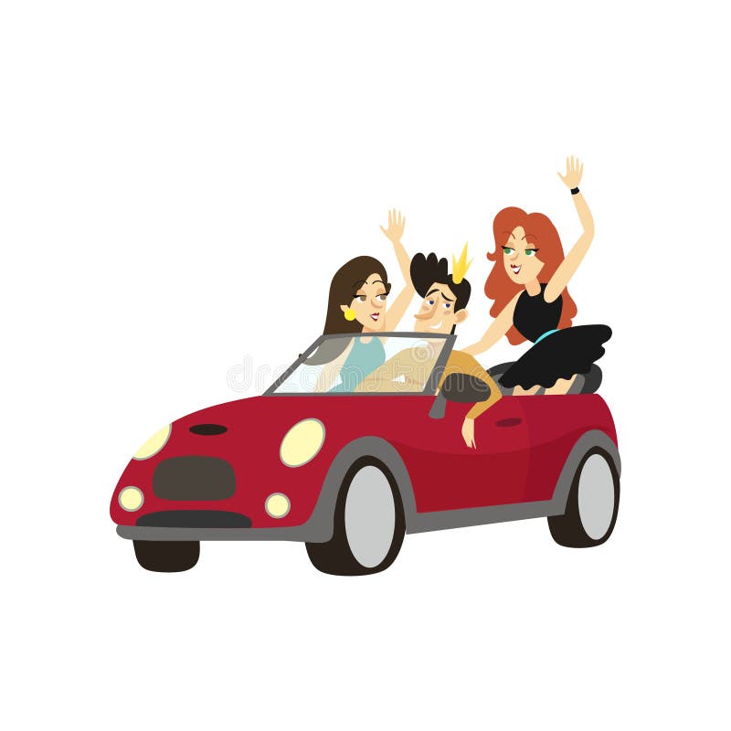 Modern prince driving cabriolet car, happy friends in a car comic characters cartoon vector Illustration. On a white background vector illustration