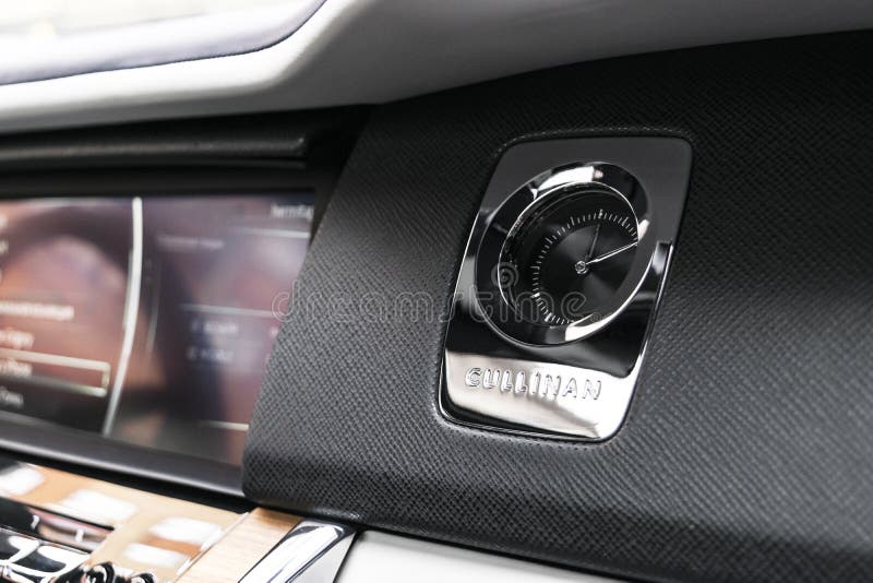 The new Rolls Royce Cullinan logo in black and white perforated leather interior. Rolls-Royce Cullinan luxury SUV. Monte-Carlo, Monaco, February 24, 2019: The stock photos