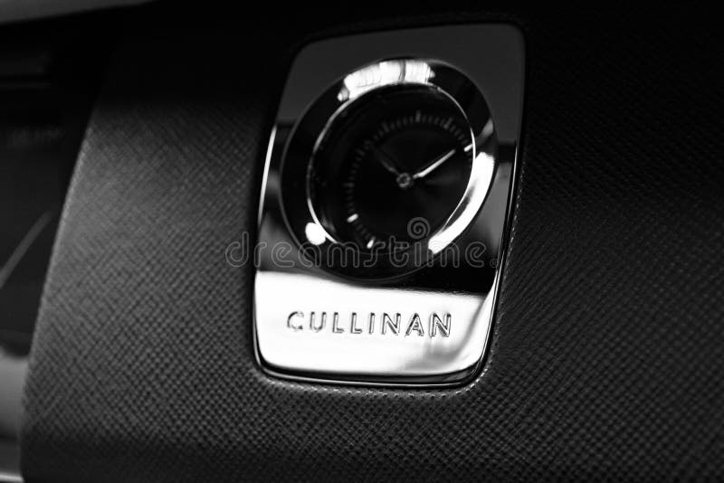 The new Rolls Royce Cullinan logo in black and white perforated leather interior. Rolls-Royce Cullinan luxury SUV. Monte-Carlo, Monaco, February 24, 2019: The royalty free stock photos