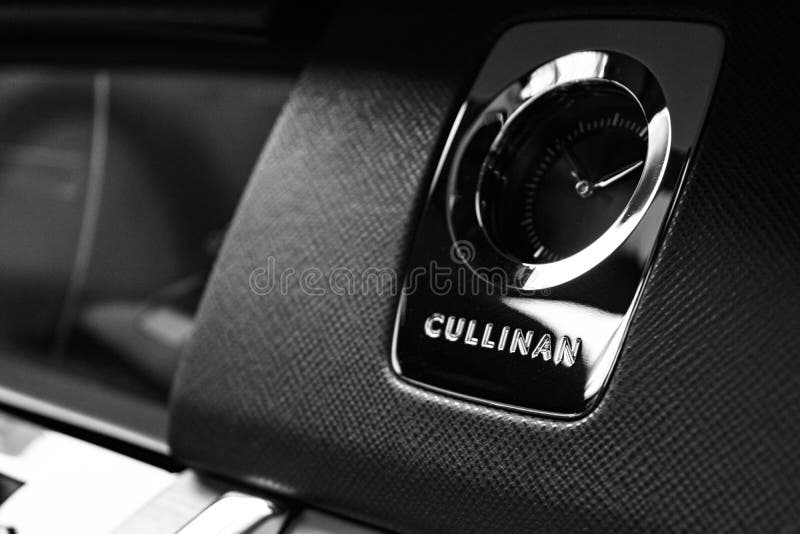 The new Rolls Royce Cullinan logo in black and white perforated leather interior. Rolls-Royce Cullinan luxury SUV. Monte-Carlo, Monaco, February 24, 2019: The royalty free stock image