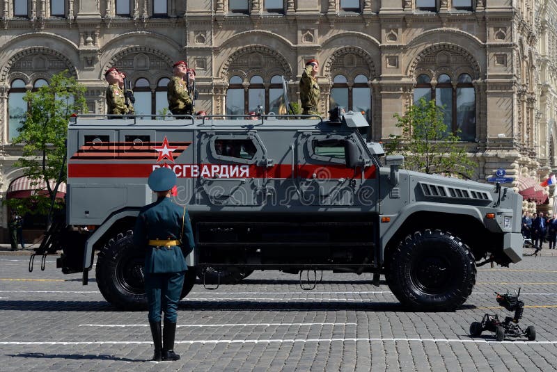Special-purpose vehicle `Patrol` on the basis of KAMAZ-43501 troops of the National Guard during the parade on Red Square. MOSCOW, RUSSIA - MAY 9, 2018: Special stock photo