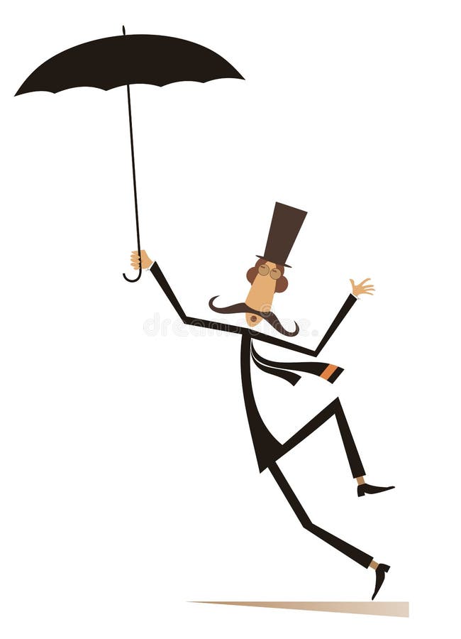 Mustache man in the top hat with umbrella isolated illustration. Mustache man in the top hat with umbrella staying on the wind isolated on white illustration royalty free illustration