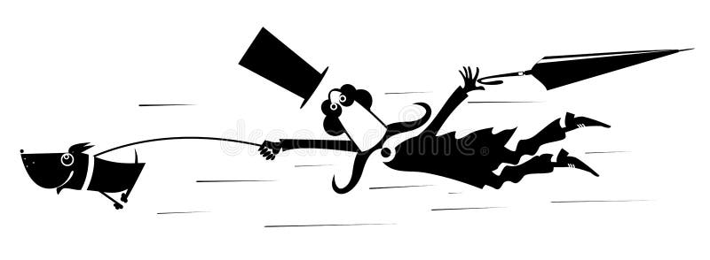 Mustache man in the top hat walking over a disobedient dog. Disobedient dog drags a man who get lost his hat and umbrella by leash isolated vector illustration