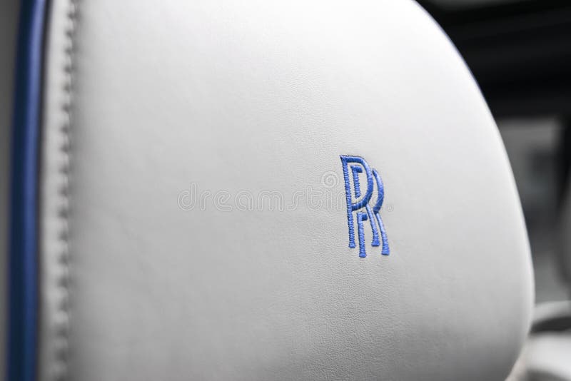 The new Rolls Royce Cullinan logo in white perforated leatherseat interior. Rolls-Royce Cullinan luxury SUV. Rolls Royce logo. Monte-Carlo, Monaco, February 24 royalty free stock images