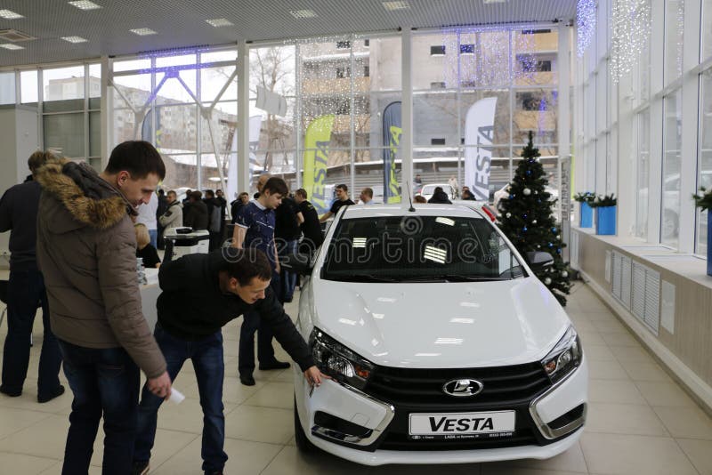 New Russian car Lada Vesta during presentation 26 December 2015 in the automobile showroom of d royalty free stock photos
