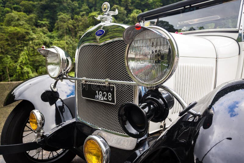 Old Ford 1928. Santos, Brazil. April 14, 2018. Detail of the front of an old Ford 1928 stopped on the road between Santos and Sao Paulo royalty free stock photo