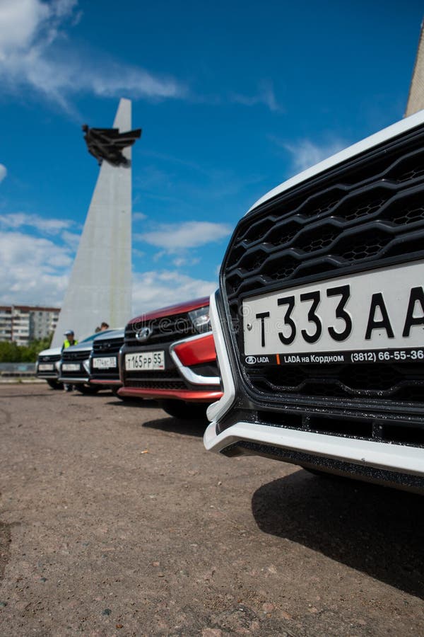 OMSK, RUSSIA - JUNE 28, 2020: Meeting of the Lada Vesta Omsk group community-Lada Vesta around the world. stock images