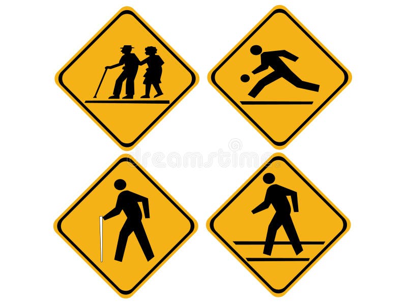 Pedestrian warning sign. S elderly, blind, children crossing vector illustration
