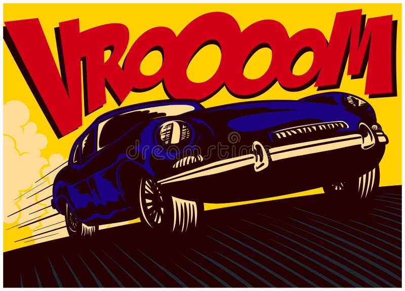 Pop art comic book car at speed with vrooom onomatopoeia vector illustration. Pop art comics style fast car with vrooom onomatopoeia driving at full speed vector vector illustration